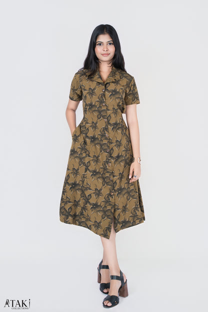 Olive Petal Button-Down Midi Dress