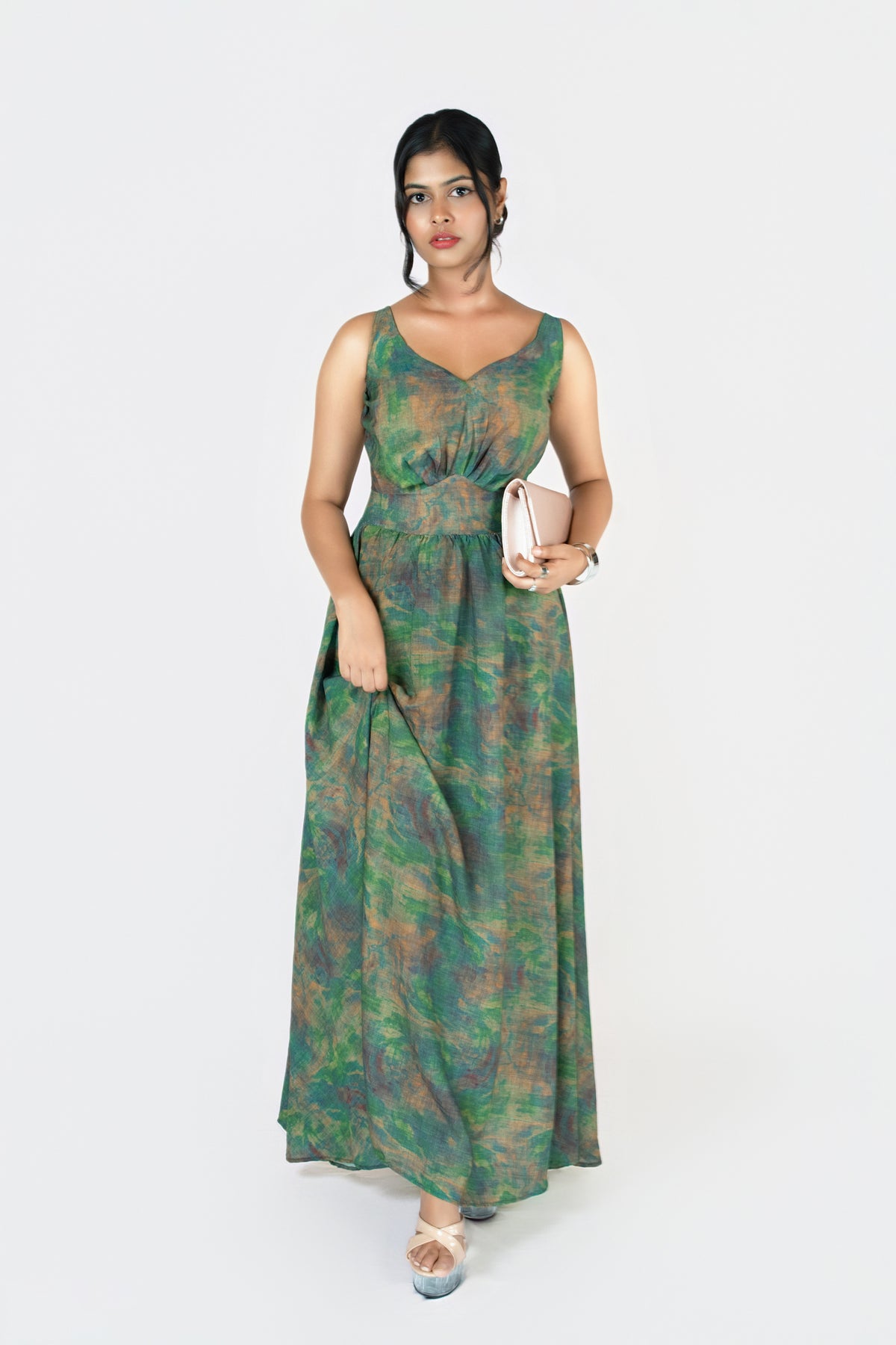 Forest Muse Maxi Dress: green and brown watercolour-print sleeveless V-neck maxi dress with a full skirt, front view