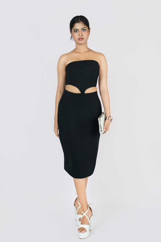 Velvet Eclipse Cutout Dress: black strapless fitted midi dress with waist cut-outs, front view