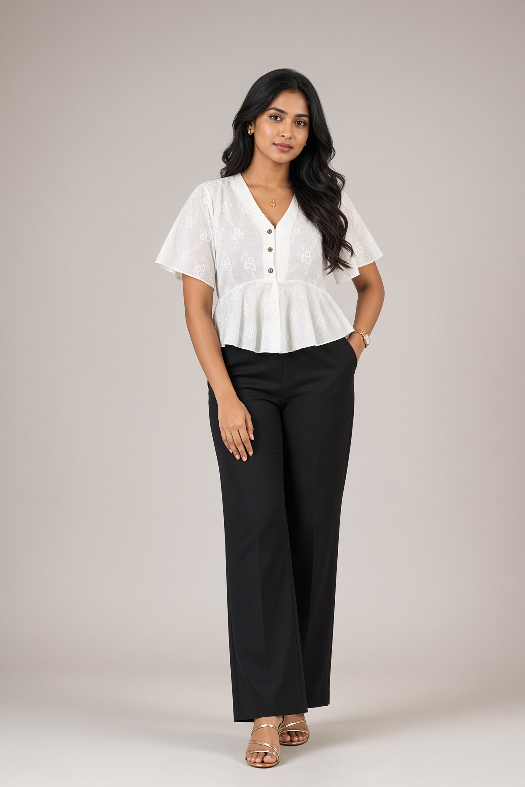Petal Eyelet Top: white cotton eyelet peplum top with a V-neck and flutter sleeves, worn with black trousers, front view