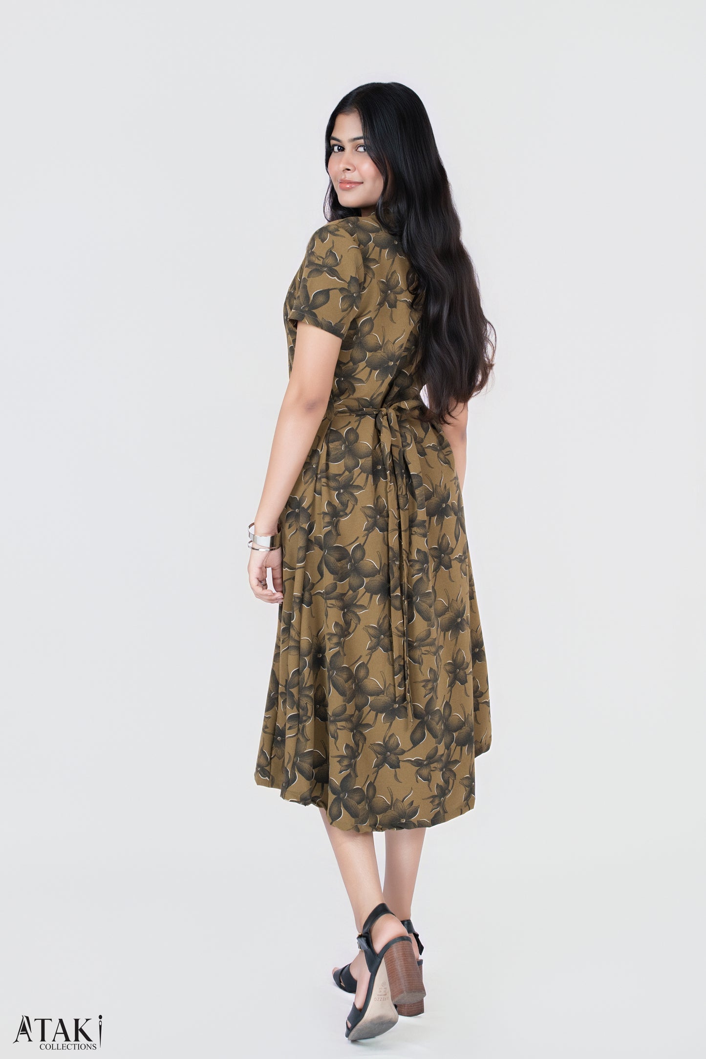 Olive Petal Button-Down Midi Dress