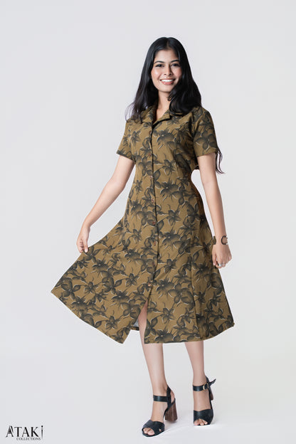 Olive Petal Button-Down Midi Dress