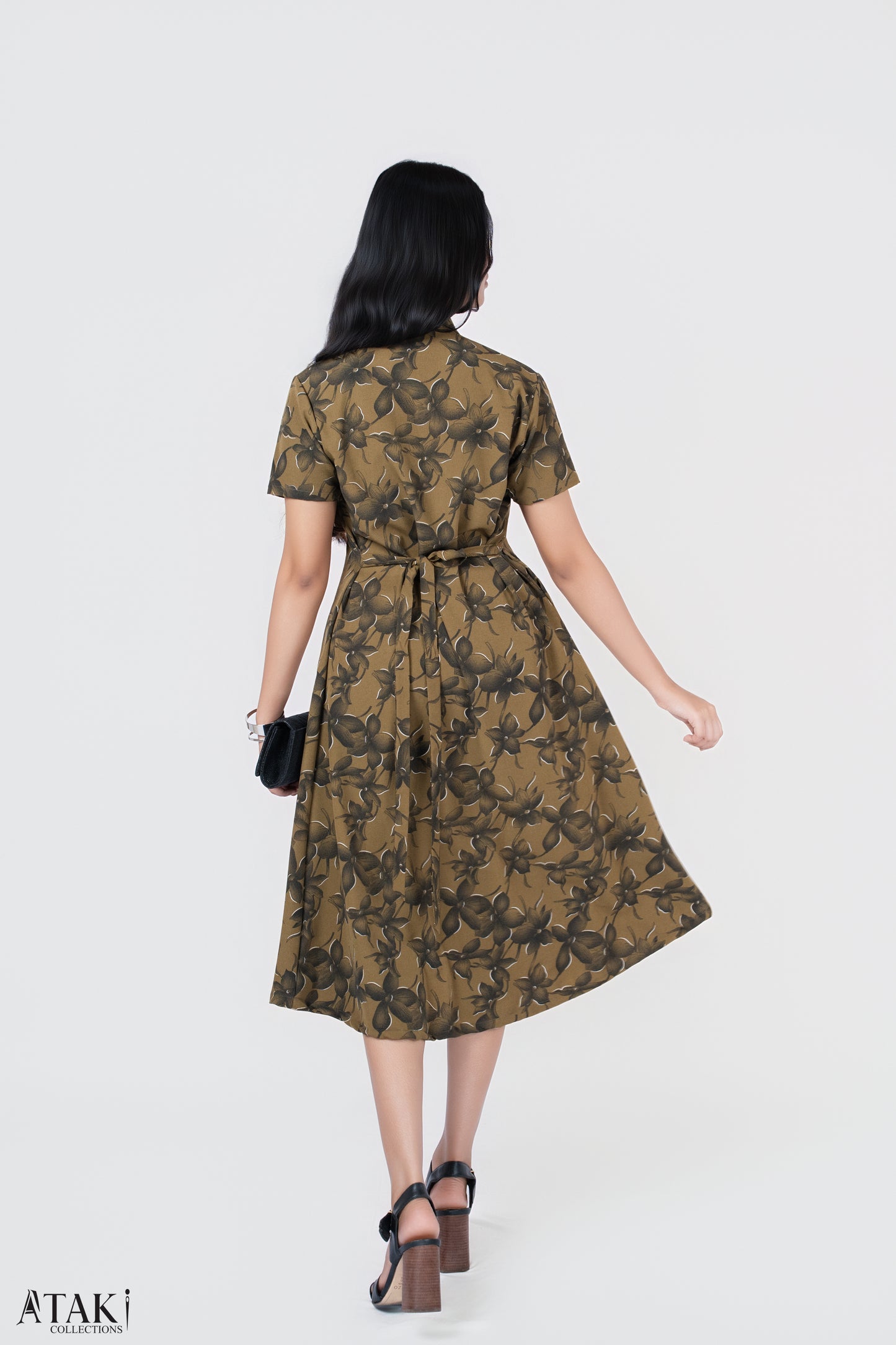 Olive Petal Button-Down Midi Dress