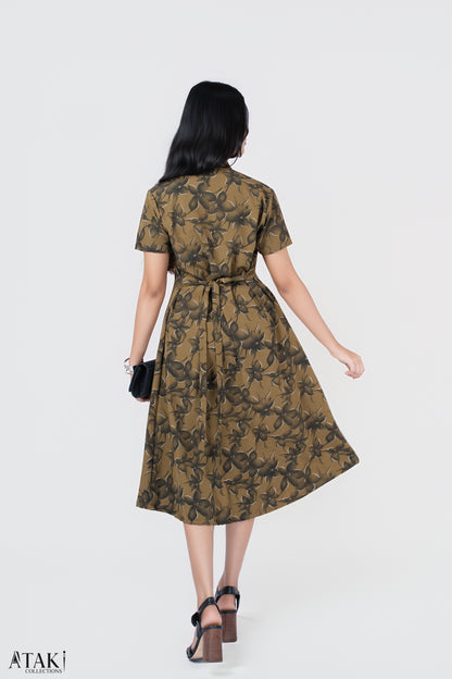 Olive Petal Button-Down Midi Dress