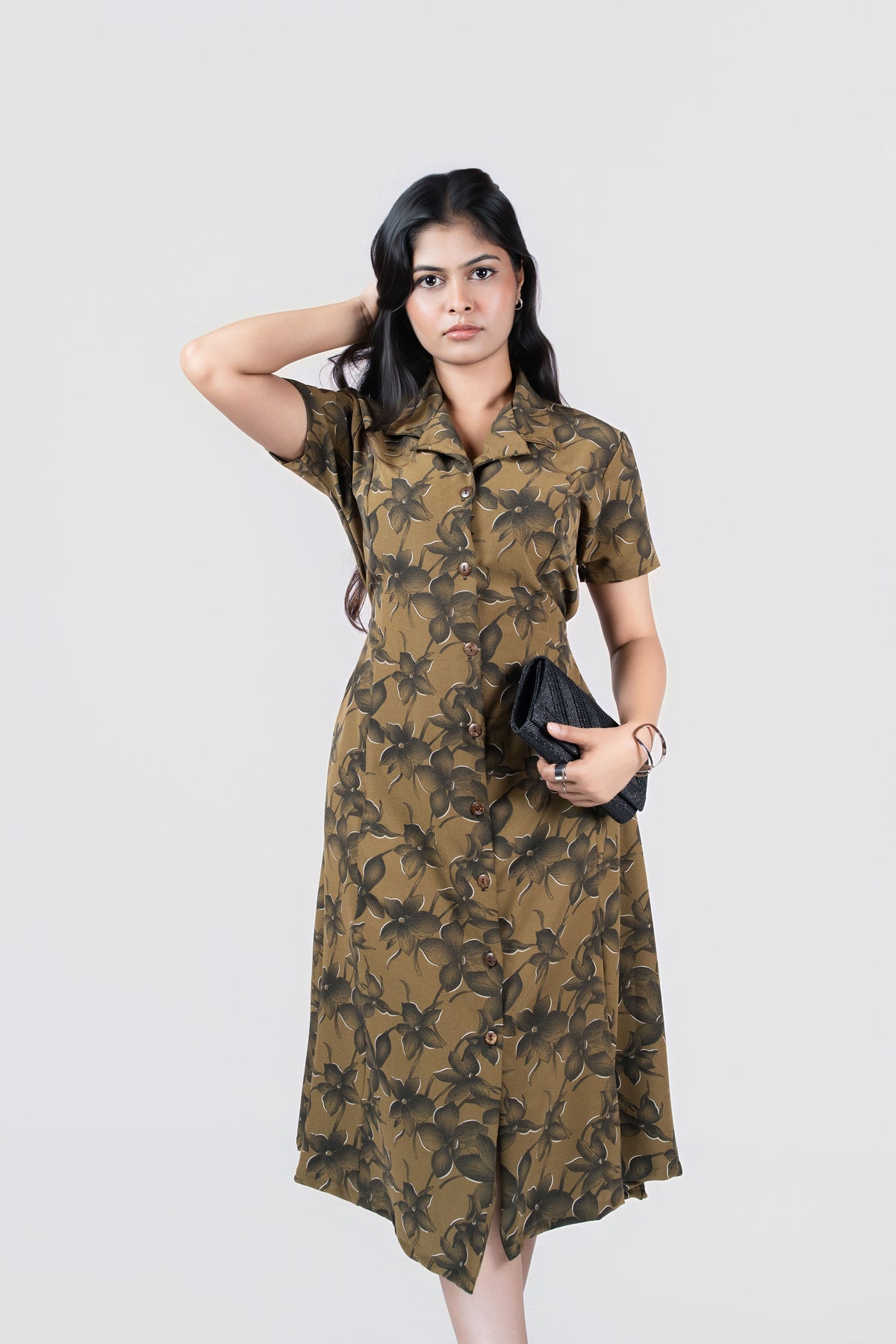 Olive Petal Button-Down Midi Dress: olive floral-print collared midi shirt dress with short sleeves and tie waist, close-up front view