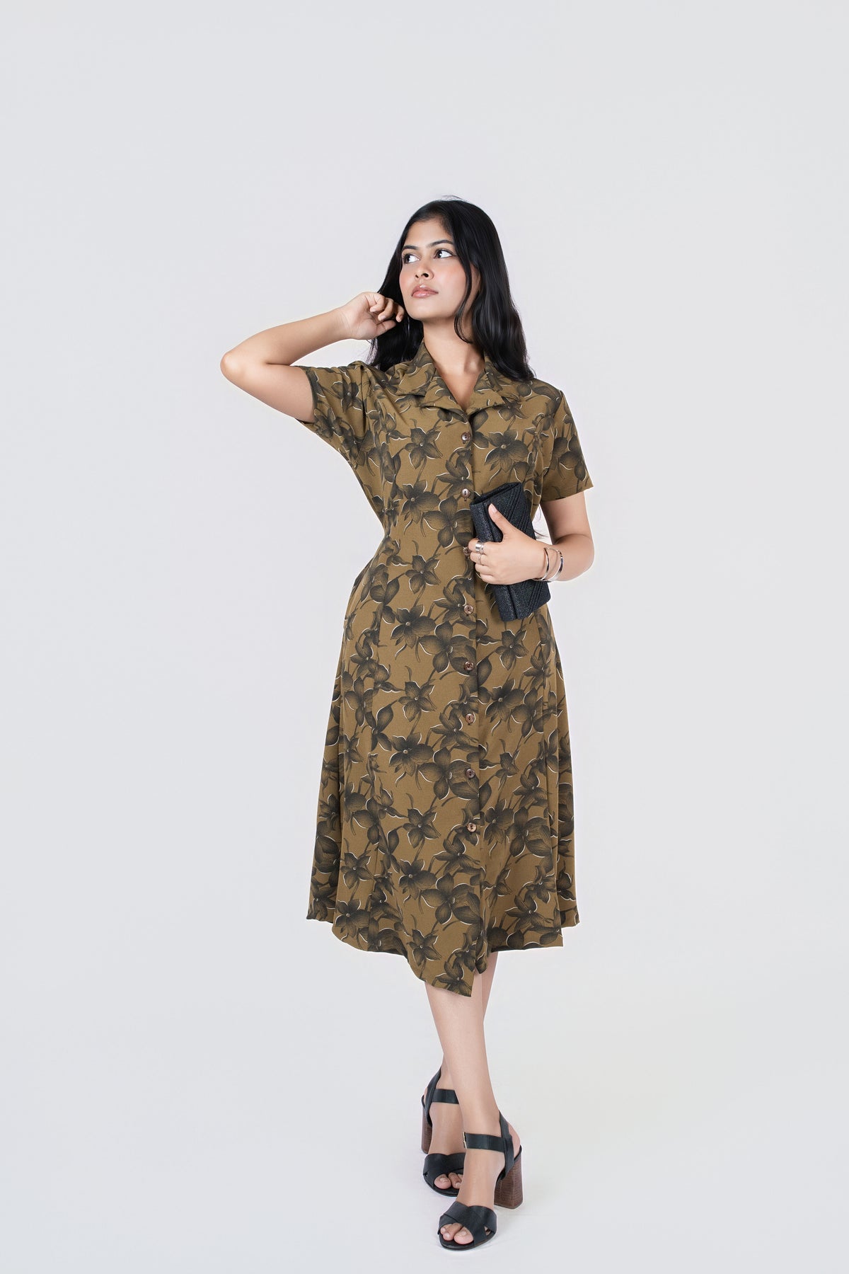 Olive Petal Button-Down Midi Dress: olive floral-print collared midi shirt dress with short sleeves and tie waist, front view