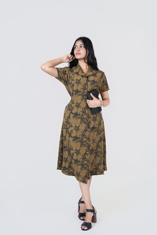 Olive Petal Button-Down Midi Dress: olive floral-print collared midi shirt dress with short sleeves and tie waist, front view