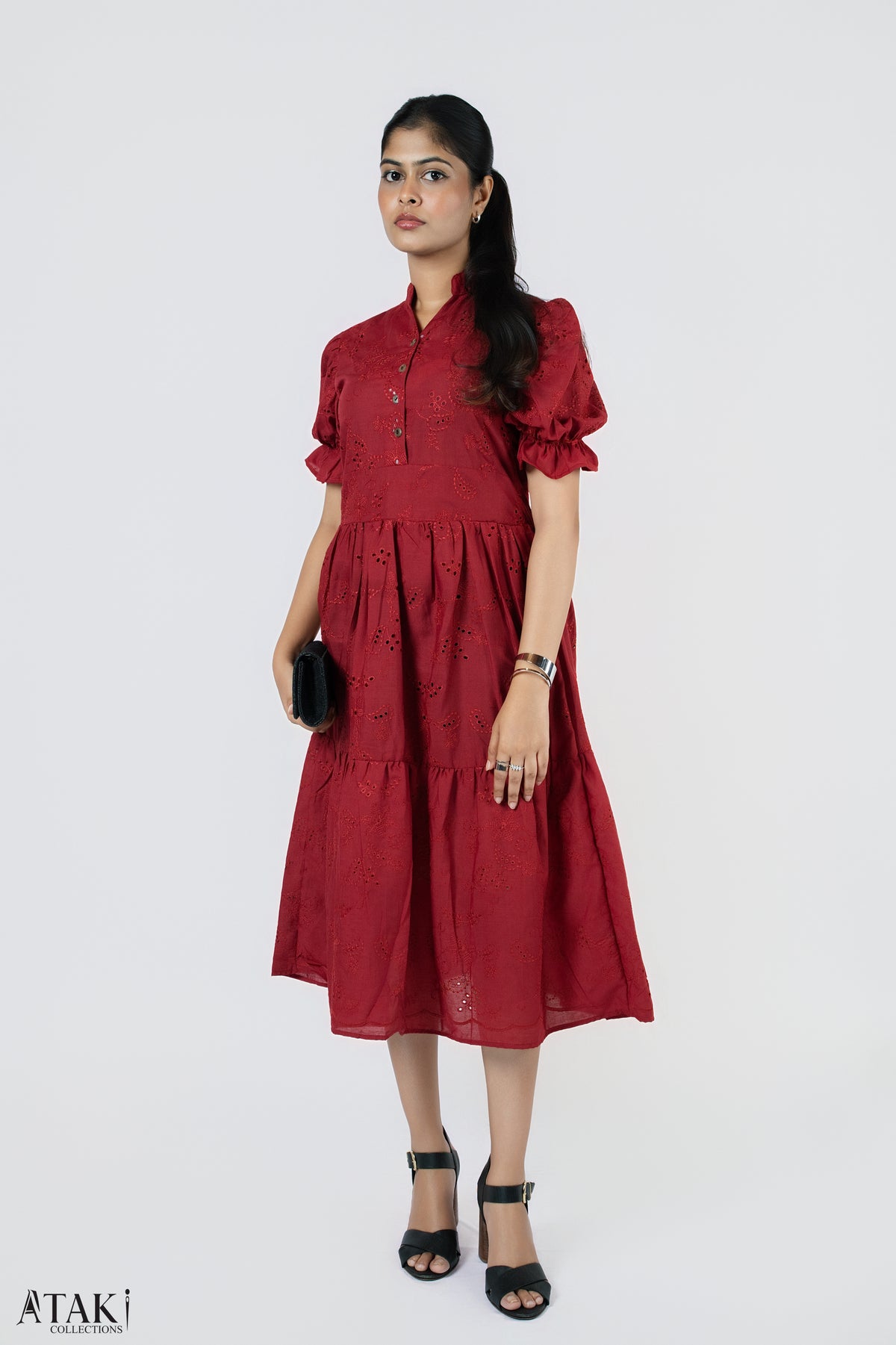 Willow Tiered Midi: ruby red tiered midi dress with puff sleeves, collar and button front, front view