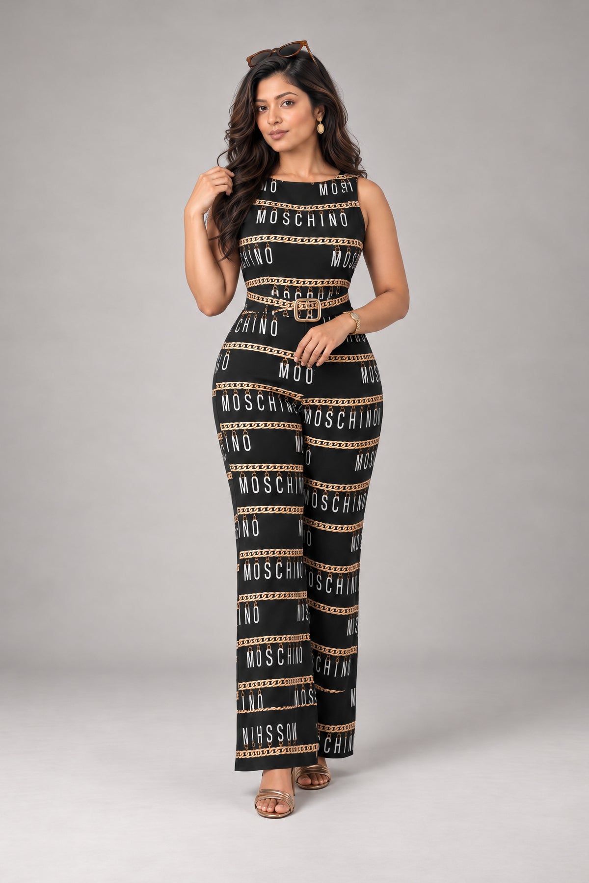 Chain Link Jumpsuit: black sleeveless flared-leg jumpsuit with a gold chain and lettering print, front view, three-quarter angle