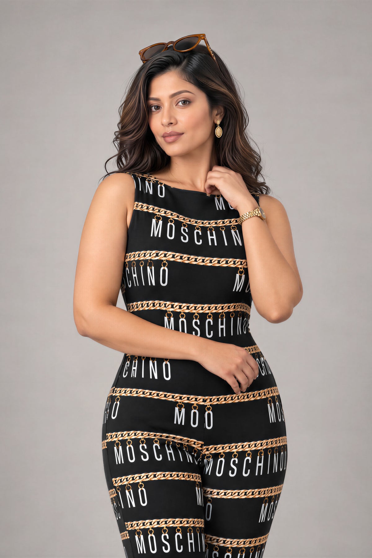 Chain Link Jumpsuit: black sleeveless flared-leg jumpsuit with a gold chain and lettering print, close-up of the print