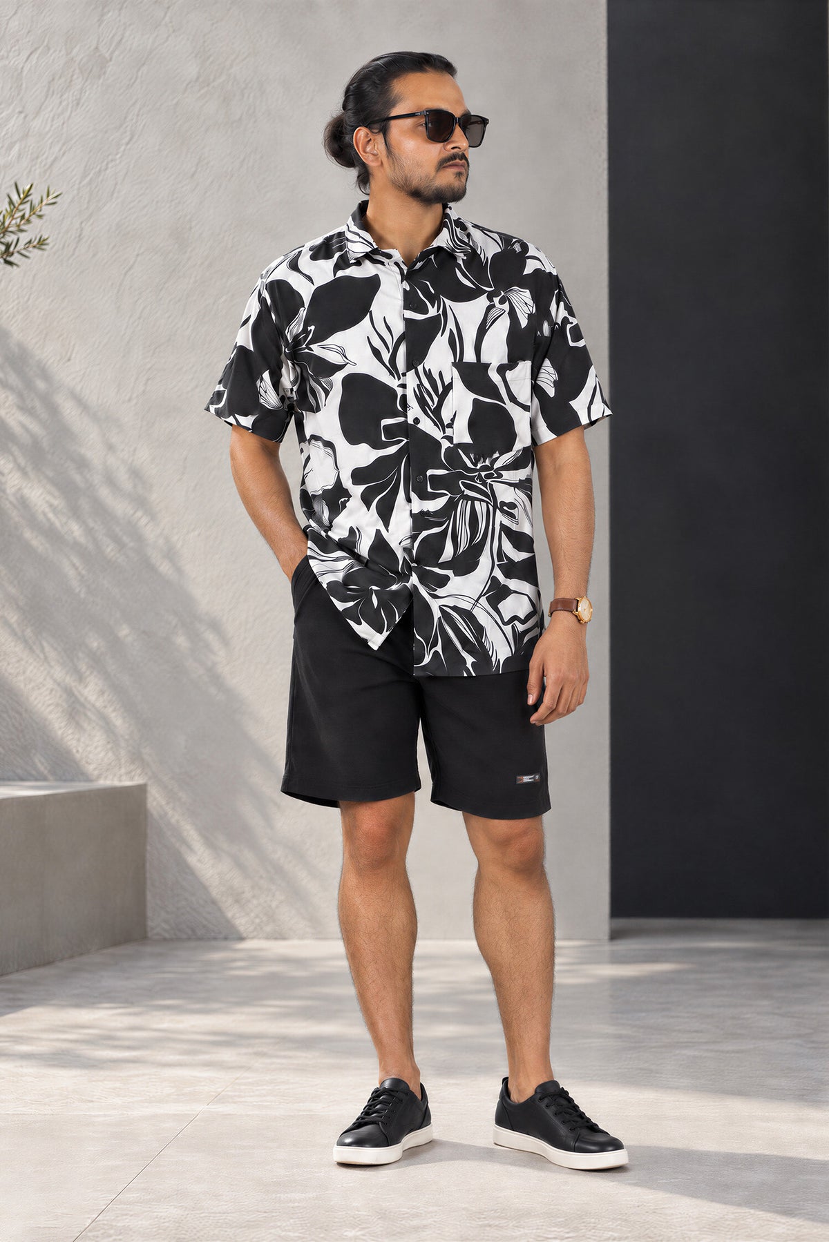 Shadow Bloom Shirt: men's black and white botanical-print short-sleeve viscose shirt, front view