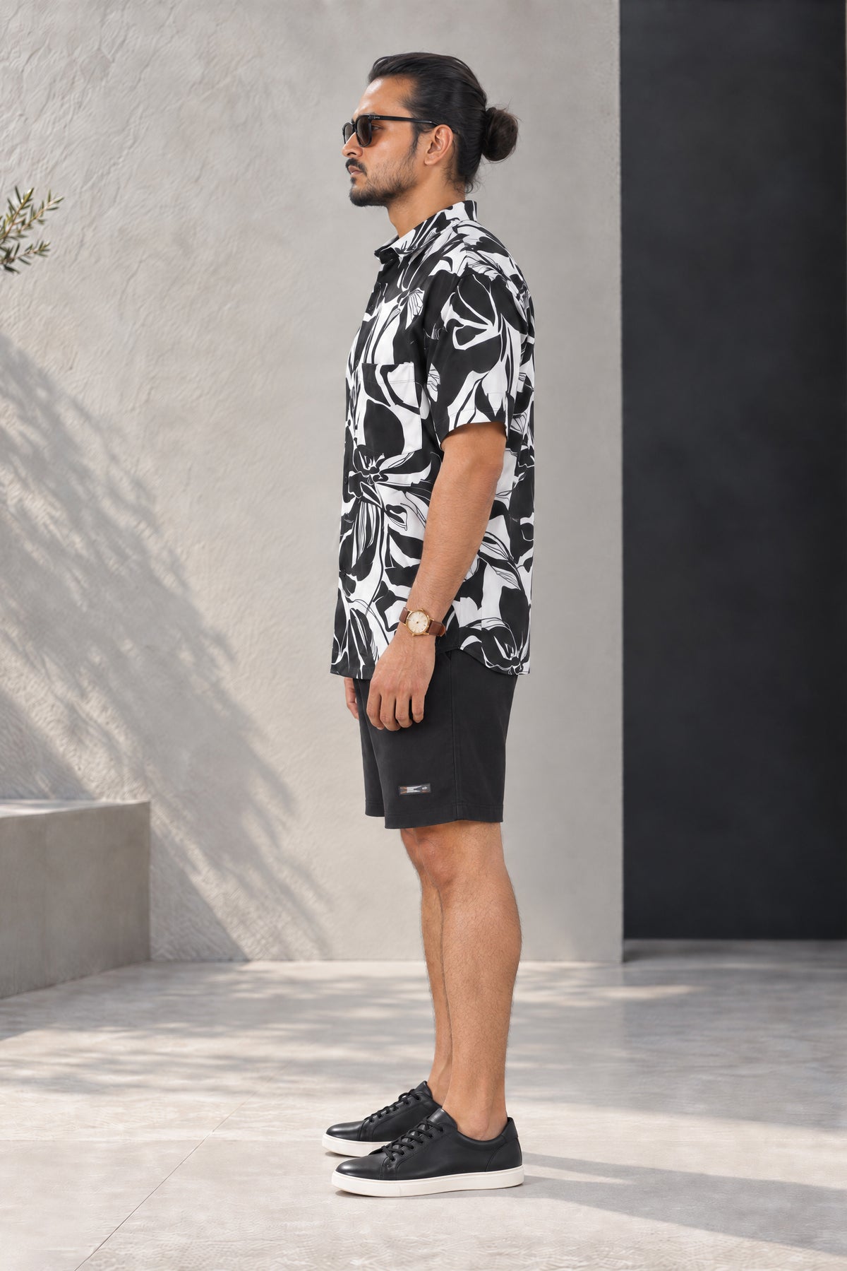 Shadow Bloom Shirt: men's black and white botanical-print short-sleeve viscose shirt, side view