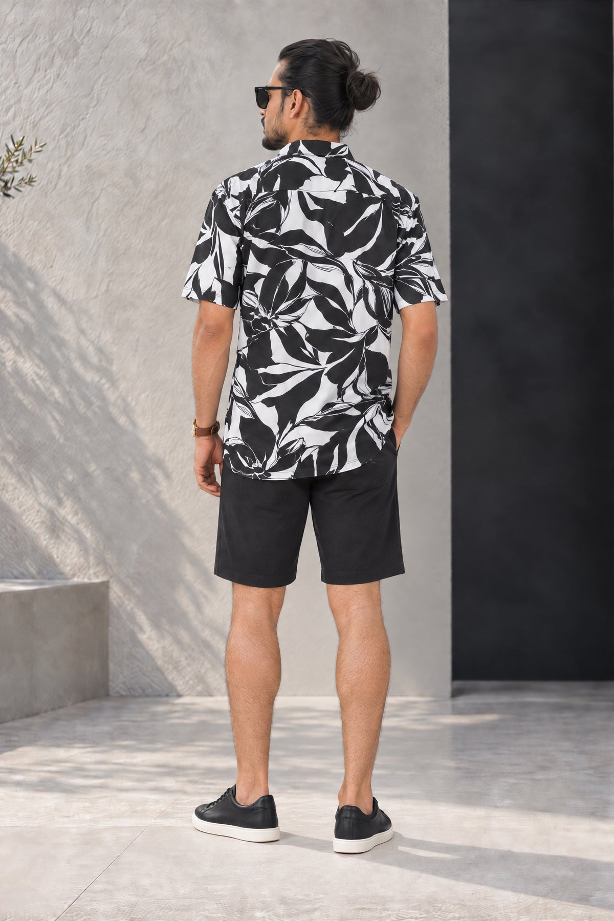 Shadow Bloom Shirt: men's black and white botanical-print short-sleeve viscose shirt, back view