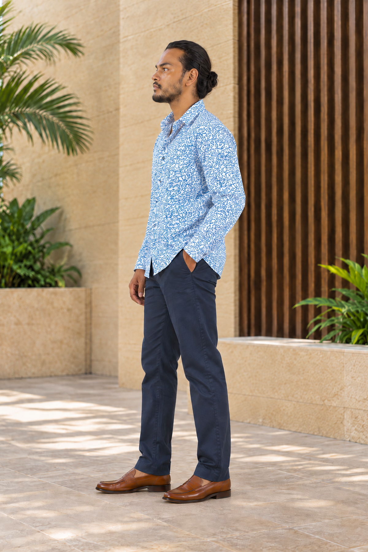 Azure Leaf Print Long Sleeve Shirt