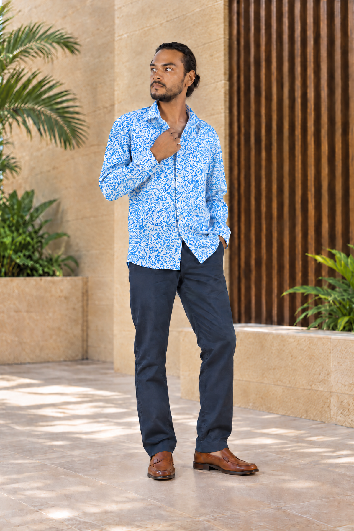 Azure Leaf Print Long Sleeve Shirt